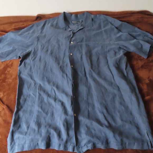 VINTAGE Polo Ralph Lauren Shirt Mens Blue Loop Collar Silk Linen Casual XL Tall - Picture 1 of 5